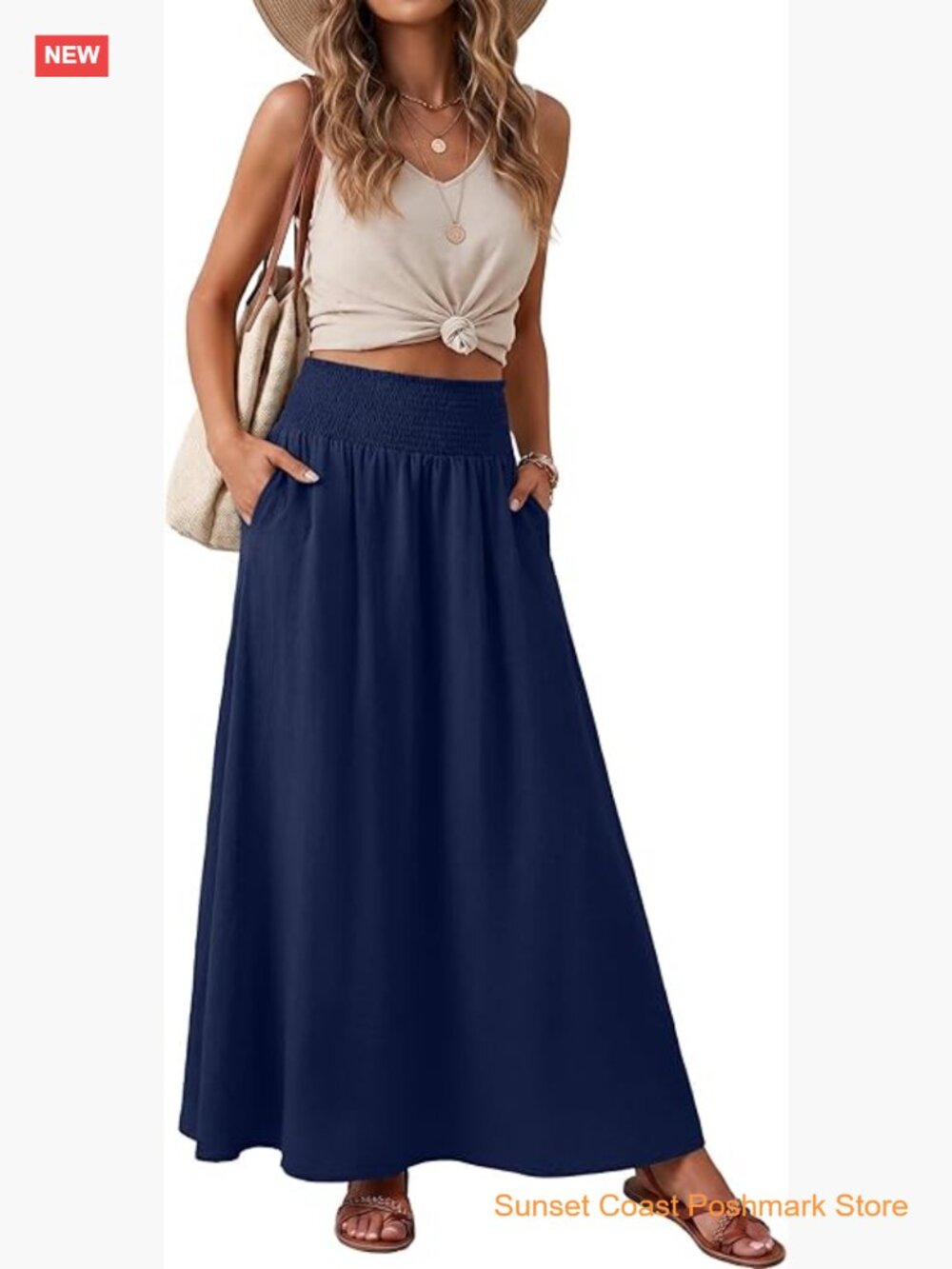 Maxi Skirt Smocked Elastic High Waisted Casual Boho Swing Pleated Long Skirt